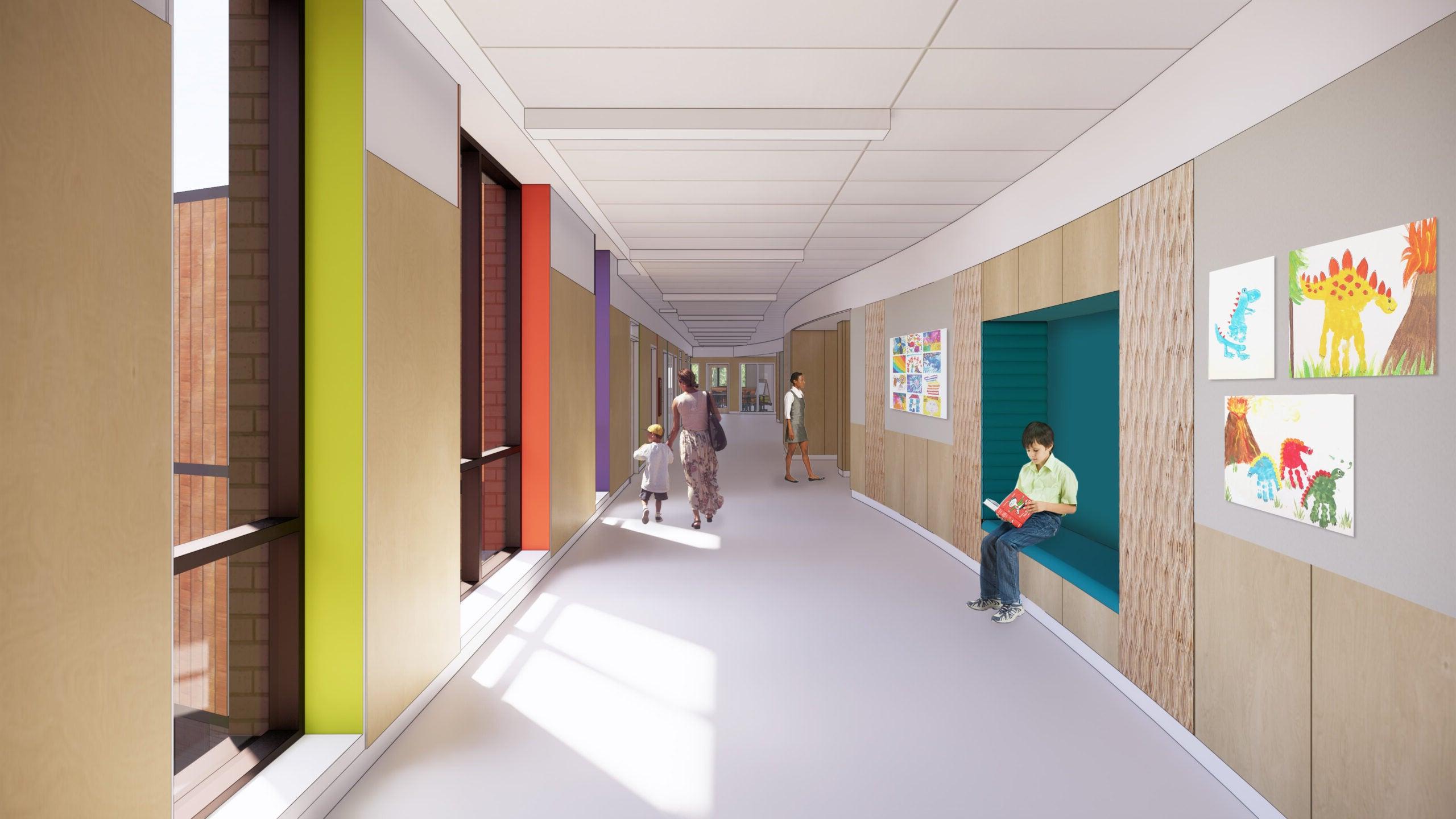 a hallway with a seating nook that is colored green 